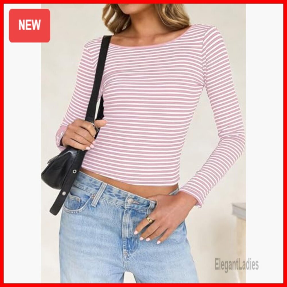 Long Sleeve Striped Crop Top Backless Boat Neck Y2K Tee Women's - Picture 2 of 7